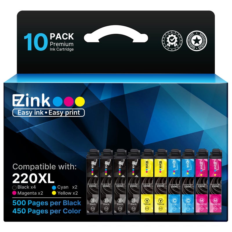 E-Z Ink Remanufactured Ink Cartridge Replacement for Epson 220 XL 220XL T220XL to use with WF-2760 WF-2750 WF-2630 WF-2650 WF-2660 XP-320 XP-420 XP-424(4 Black, 2 Cyan, 2 Magenta, 2 Yellow) 10Pack - Image 1